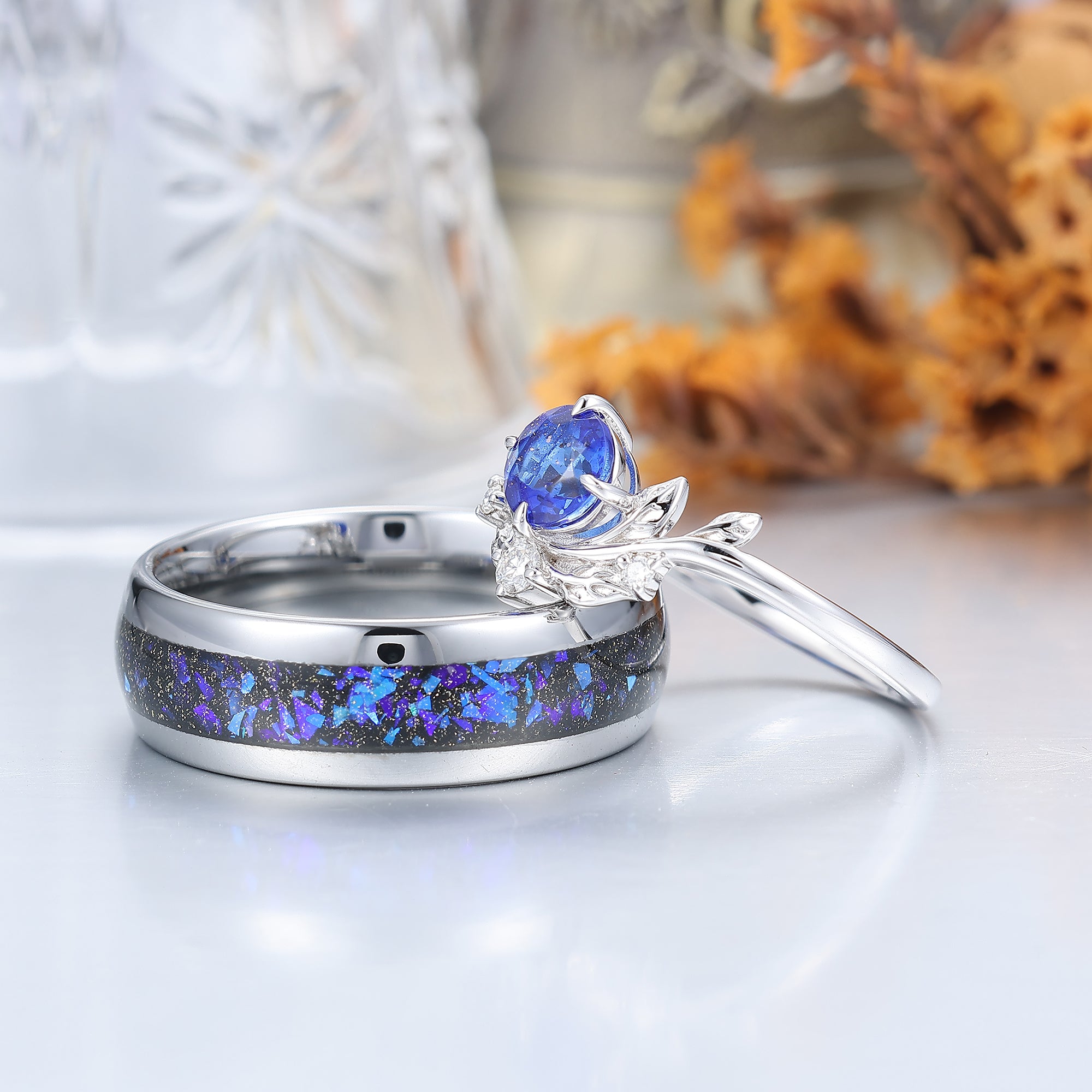 Brilliant Galaxy Sandstone Leaf Shape Couples Ring Set Blue Shining Tu