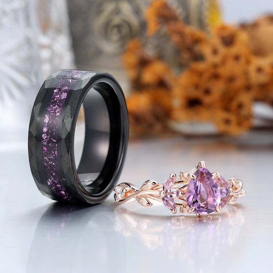 Leaf Design Purple Amethyst His And Hers Wedding Rings Natural Inspired Amethyst Couple Rings