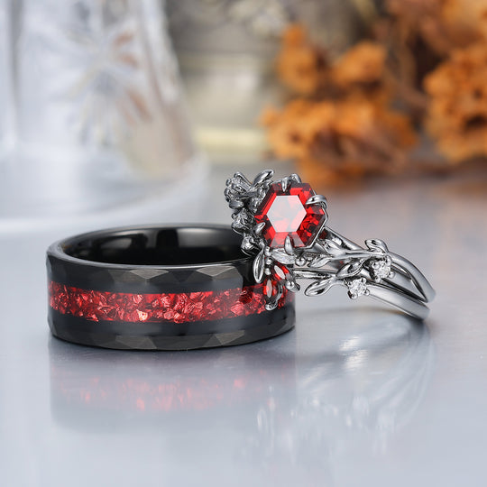 Set di Anelli Coppia in Granato Rosso Ispirato alla Natura Stile Foglia Rosso e Nero 3 Pezzi Set di Fedi Nuziali per Lui e per Lei