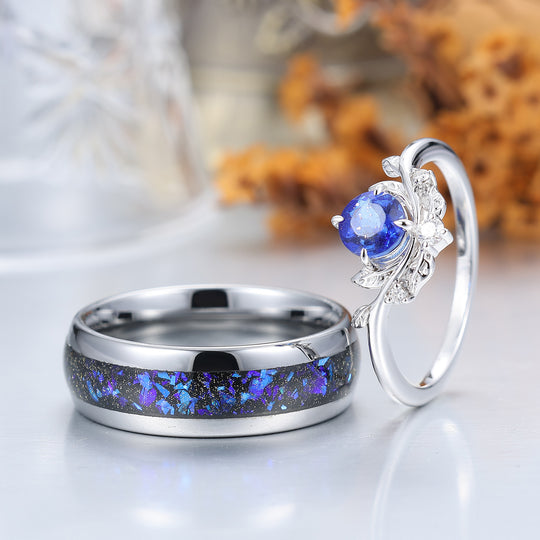 Brilliant Galaxy Sandstone Leaf Shape Couples Ring Set Blue Shining Tungsten Matching Ring -  Esdomera.com