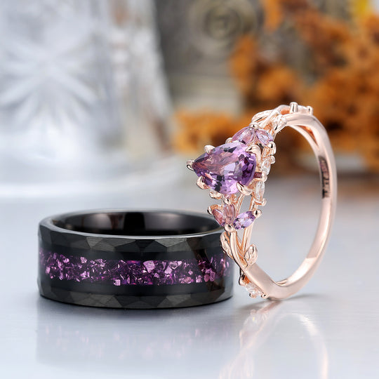 Leaf Design Purple Amethyst His And Hers Wedding Rings Natural Inspired Amethyst Couple Rings