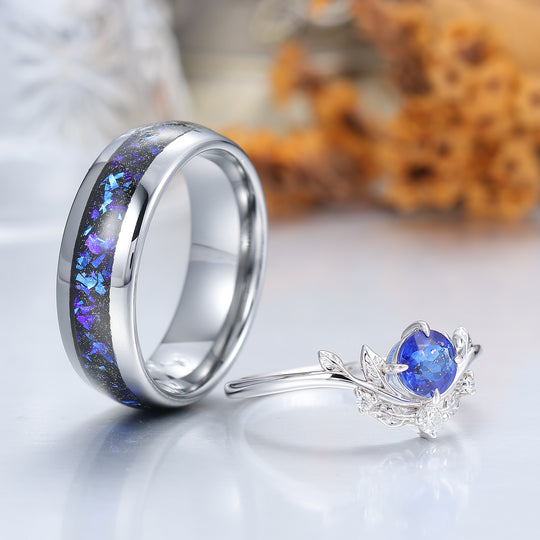 Brilliant Galaxy Sandstone Leaf Shape Couples Ring Set Blue Shining Tungsten Matching Ring -  Esdomera.com