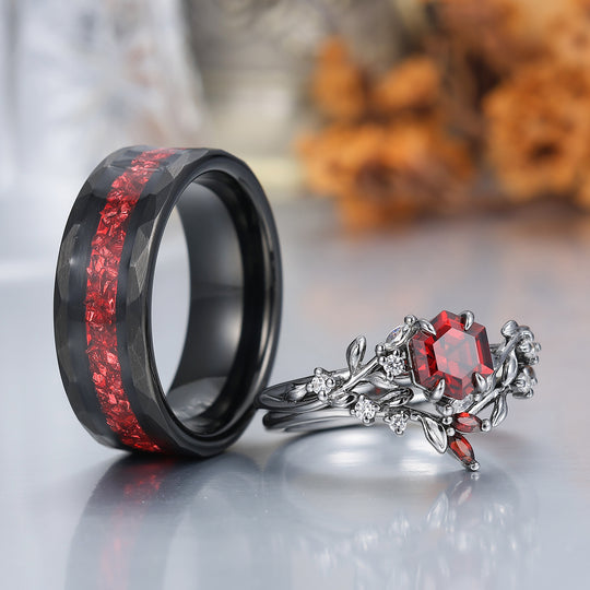 Set di Anelli Coppia in Granato Rosso Ispirato alla Natura Stile Foglia Rosso e Nero 3 Pezzi Set di Fedi Nuziali per Lui e per Lei