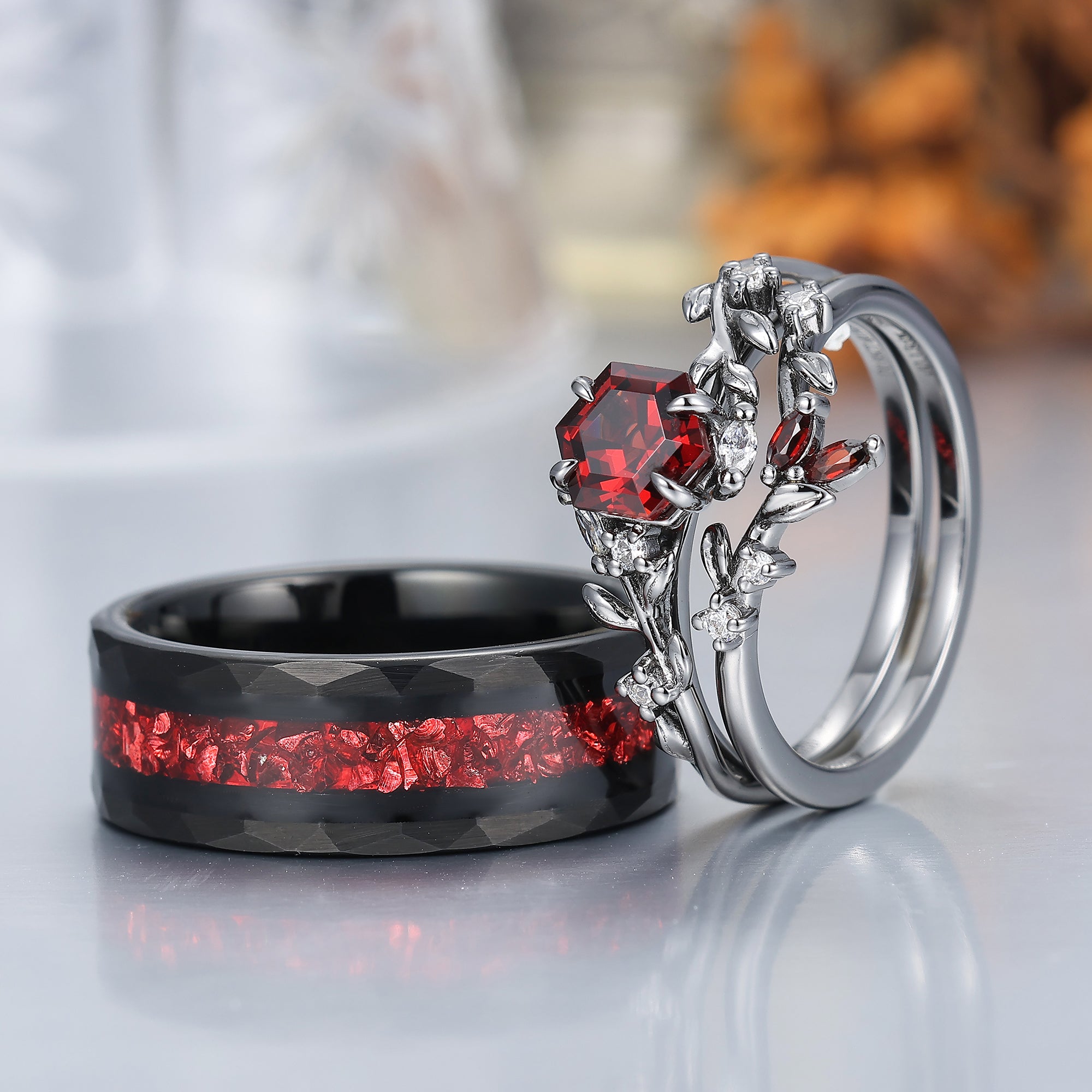 Nature Inspired Red Garnet Couple Ring Set Leaf Style Red And Black 3