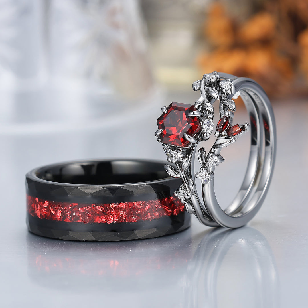 Set di Anelli Coppia in Granato Rosso Ispirato alla Natura Stile Foglia Rosso e Nero 3 Pezzi Set di Fedi Nuziali per Lui e per Lei