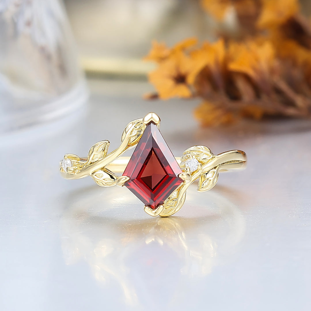 1.35Carat Kite Shaped Natural Red Garnet Wedding Ring Art Deco Leaf Design Ring 14k Soild Gold