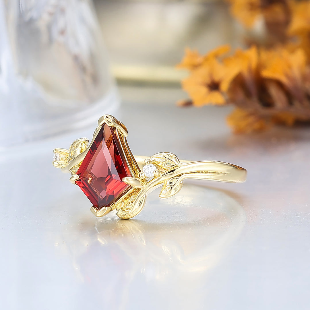 1.35Carat Kite Shaped Natural Red Garnet Wedding Ring Art Deco Leaf Design Ring 14k Soild Gold