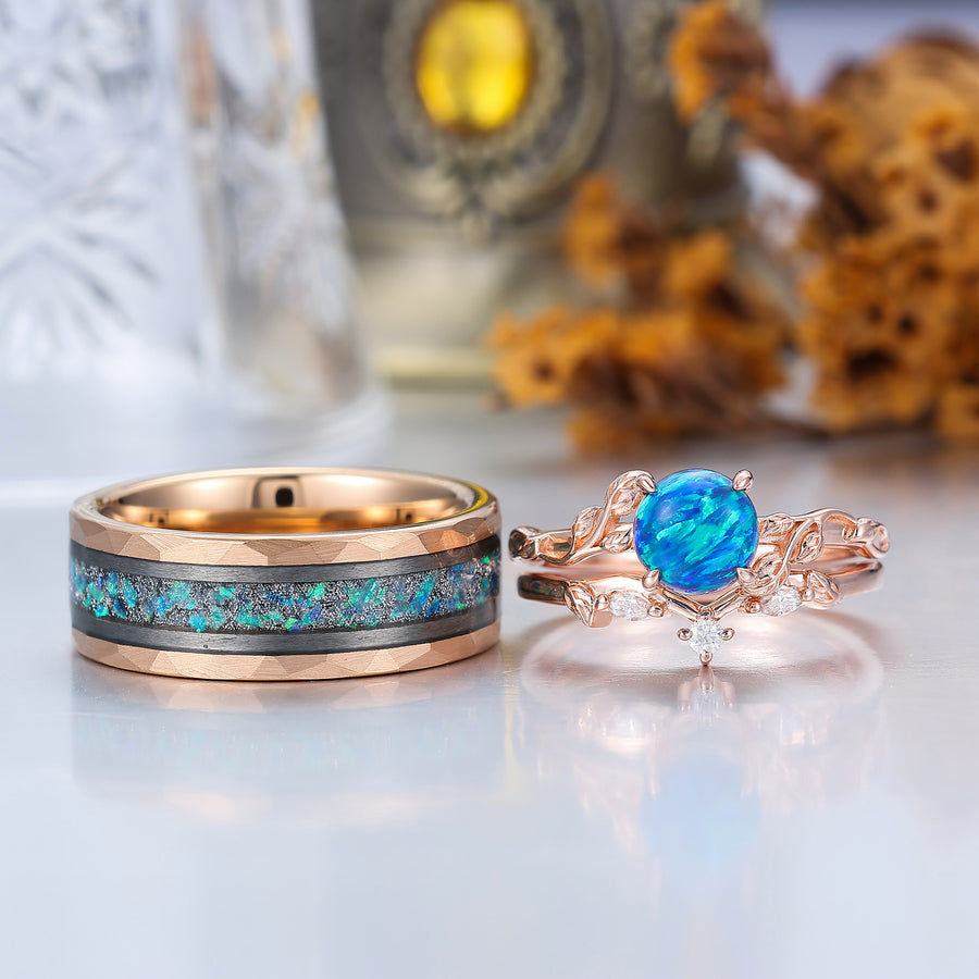 Dainty Peacock Green Opal Foliage Couple Rings Set Oceans Promise Tungsten His And Hers Wedding Rings -  Esdomera.com