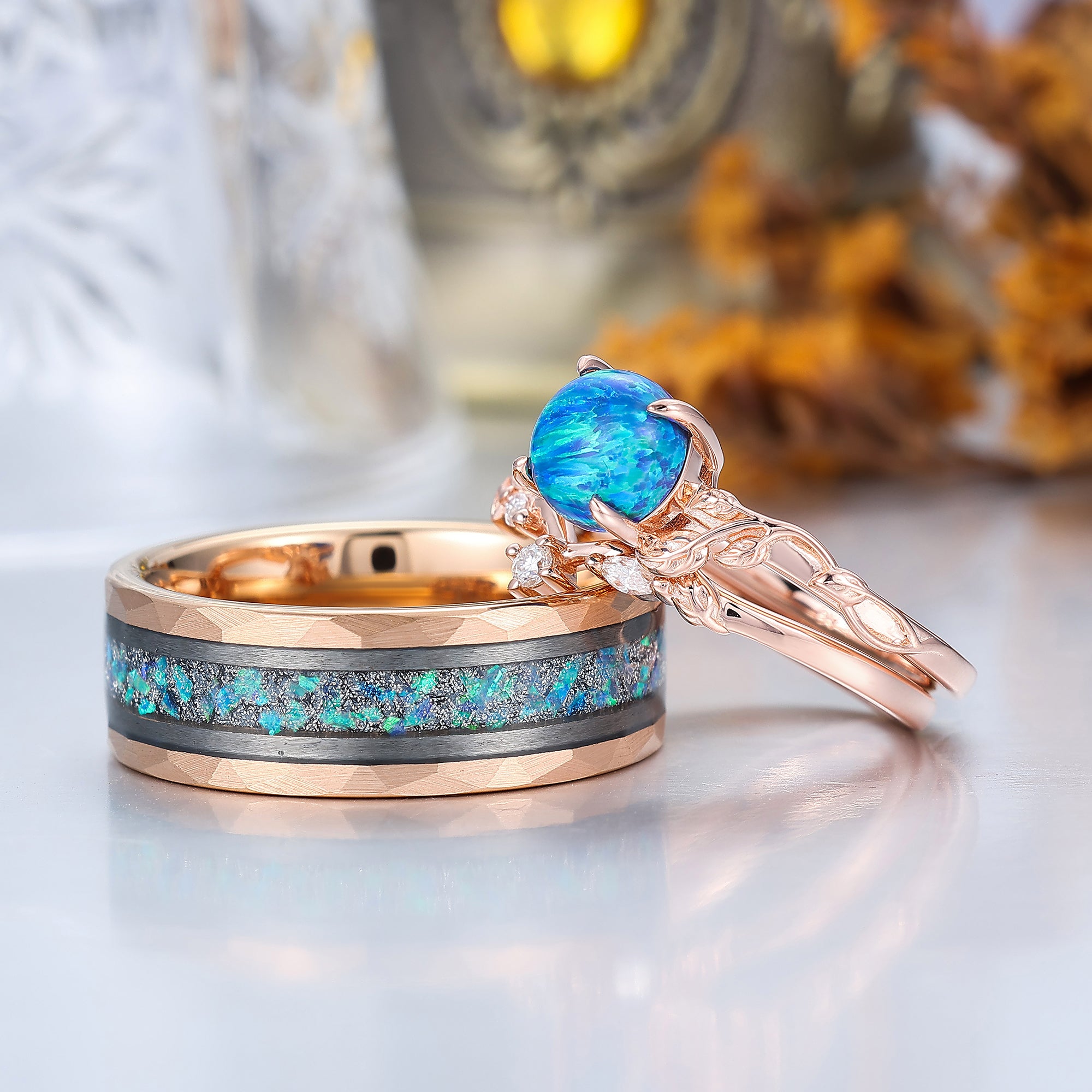 【LOOT】Viking  Rex ring レックス リング 青緑石 Dainty Peacock Green Opal Foliage Couple Rings Set Oceans Promise