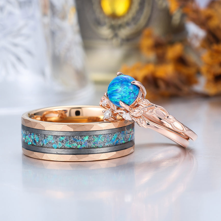 Dainty Peacock Green Opal Foliage Couple Rings Set Oceans Promise Tungsten His And Hers Wedding Rings -  Esdomera.com