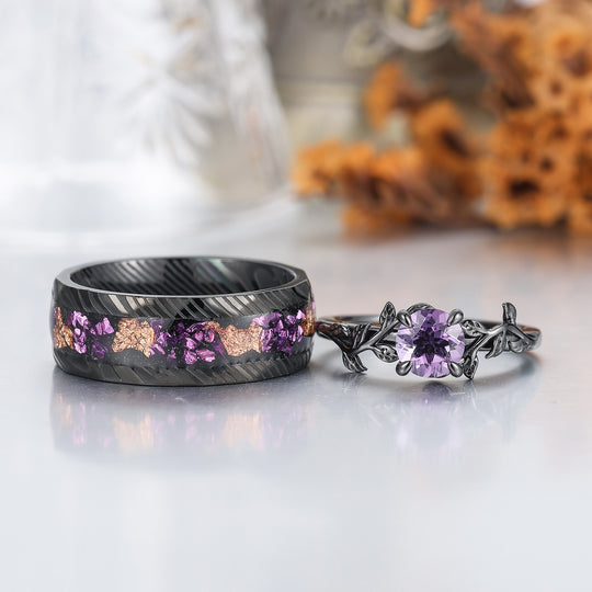 Art Deco Natural Amethyst Sprig Engagement Couple Rings Modern Damascus Steel Anniversary Wedding Band -  Esdomera.com