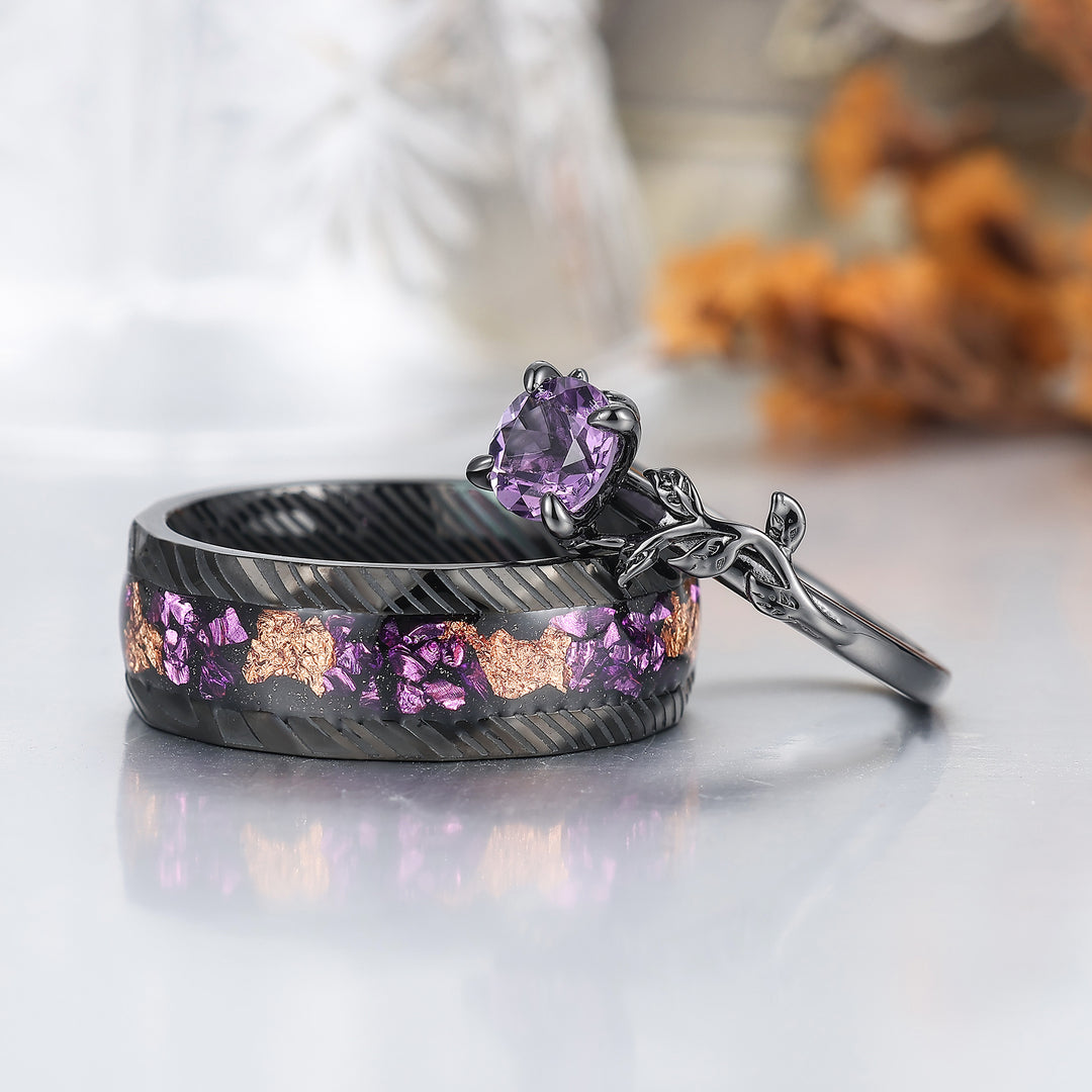 Art Deco Natural Amethyst Sprig Engagement Couple Rings Modern Damascus Steel Anniversary Wedding Band -  Esdomera.com