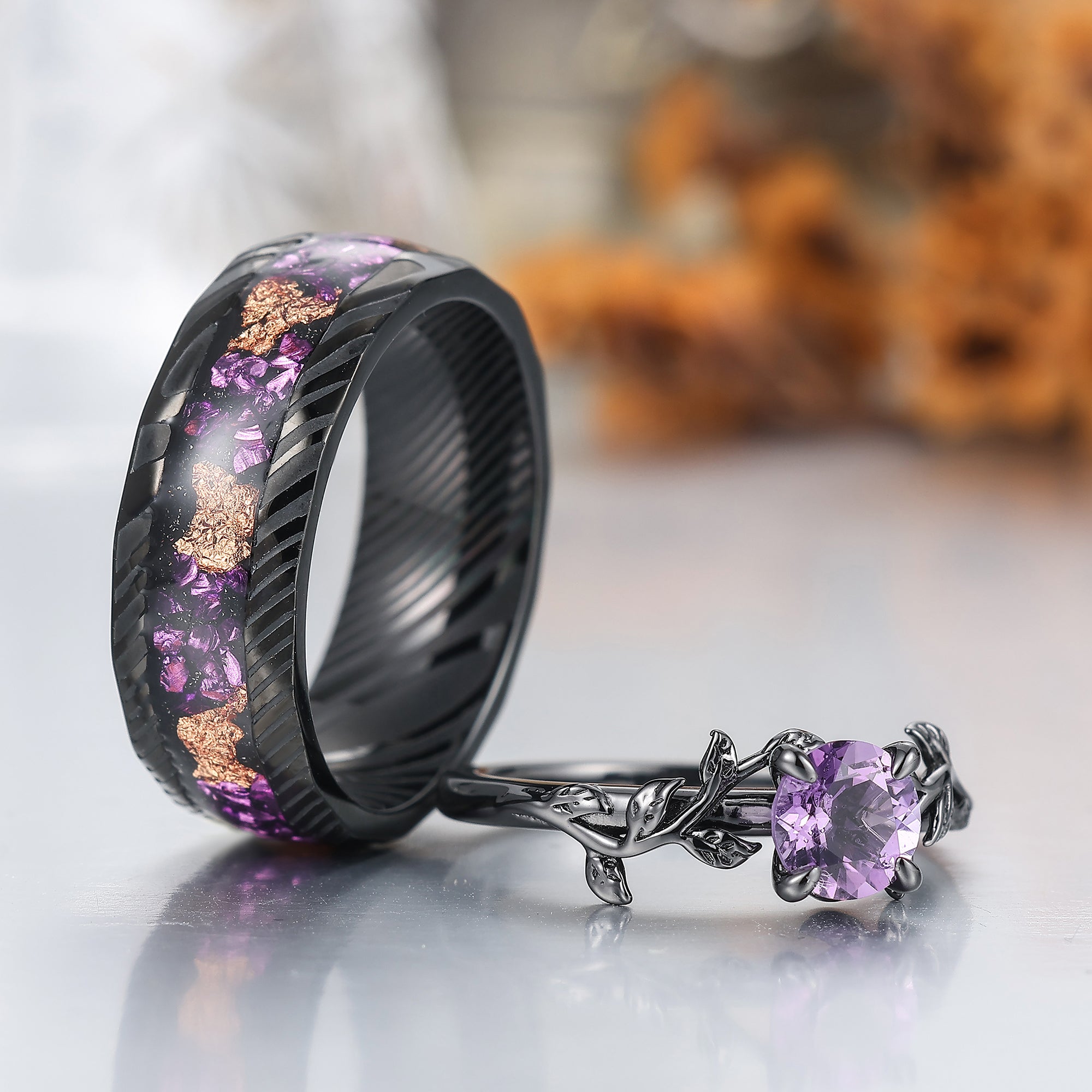 Art Deco Natural Amethyst Sprig Engagement Couple Rings Modern
