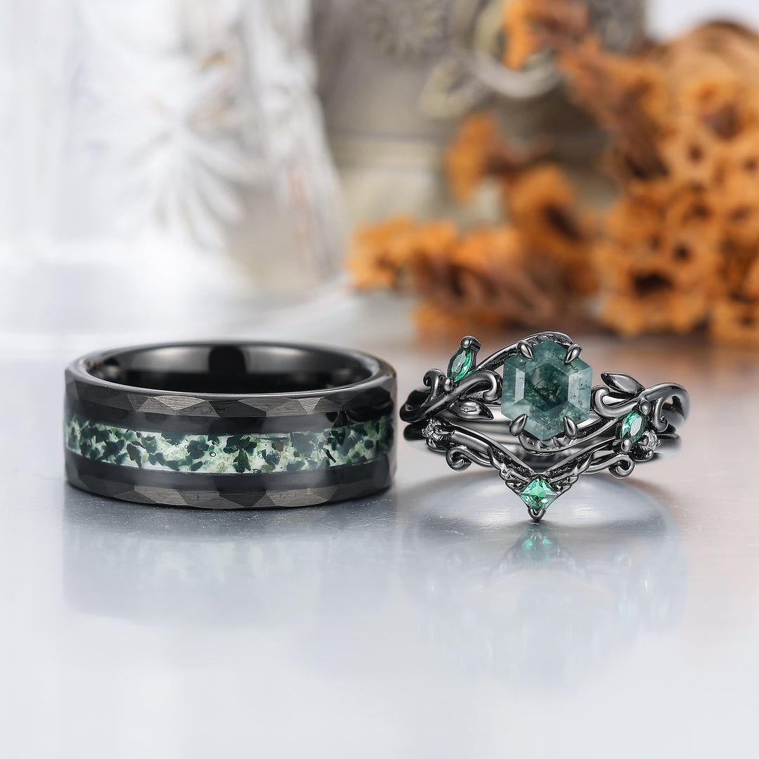 Vine Leaf Style Moss Agate Couple Ring Set S925 And Tungsten Green His And Hers Rings -  Esdomera.com