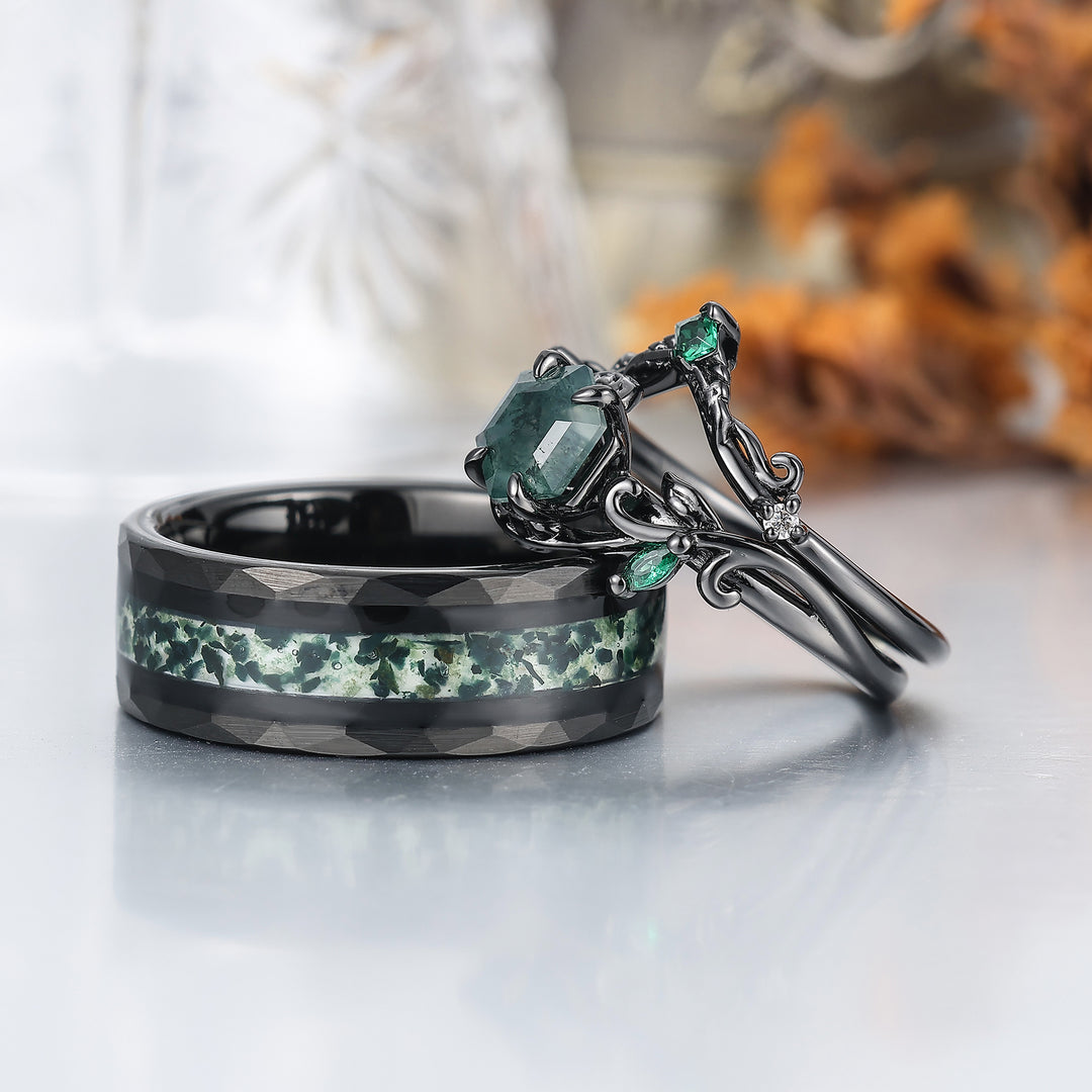 Vine Leaf Style Moss Agate Couple Ring Set S925 And Tungsten Green His And Hers Rings -  Esdomera.com
