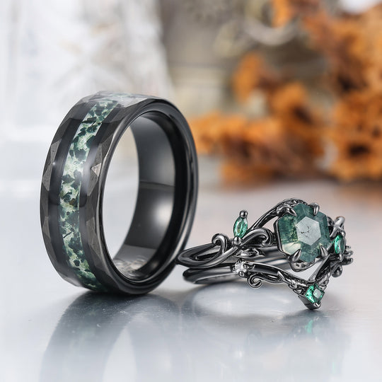 Vine Leaf Style Moss Agate Couple Ring Set S925 And Tungsten Green His And Hers Rings -  Esdomera.com