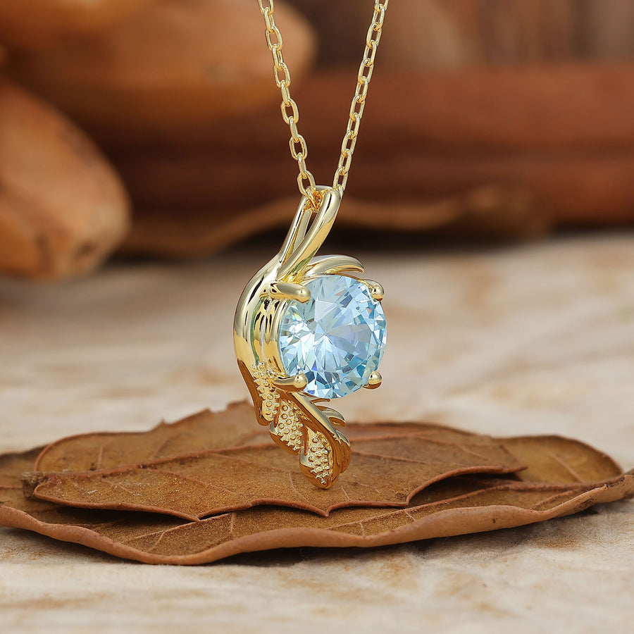 Nature-Inspiré Pendentif Solitaire Feuille Enveloppante avec Aigue-marine Taille Ronde Collier en Or 14K pour Femmes
