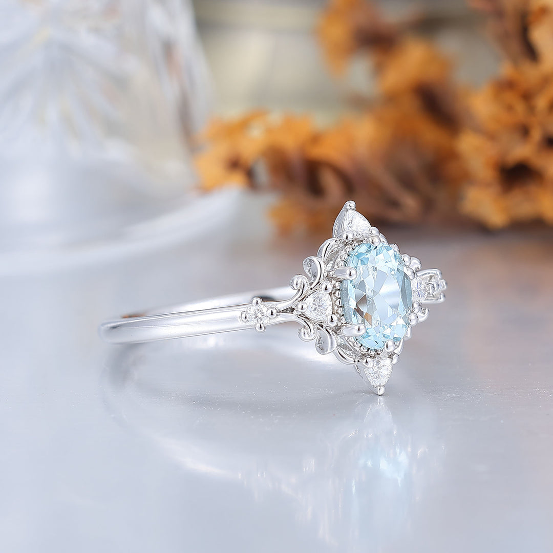 Antieke bloemmotief ovale geslepen aquamarijn verlovingsring 14K roségouden trouwring