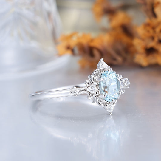 Antieke bloemmotief ovale geslepen aquamarijn verlovingsring 14K roségouden trouwring