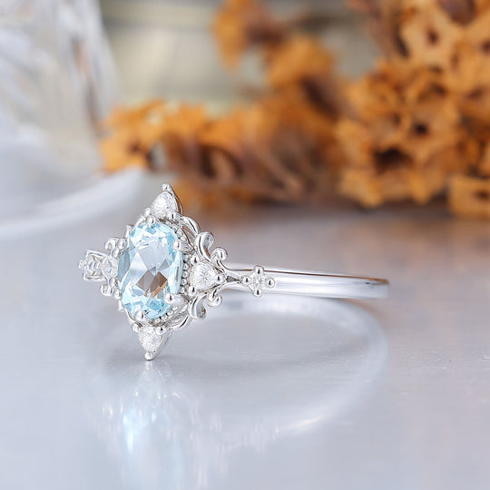 Antieke bloemmotief ovale geslepen aquamarijn verlovingsring 14K roségouden trouwring