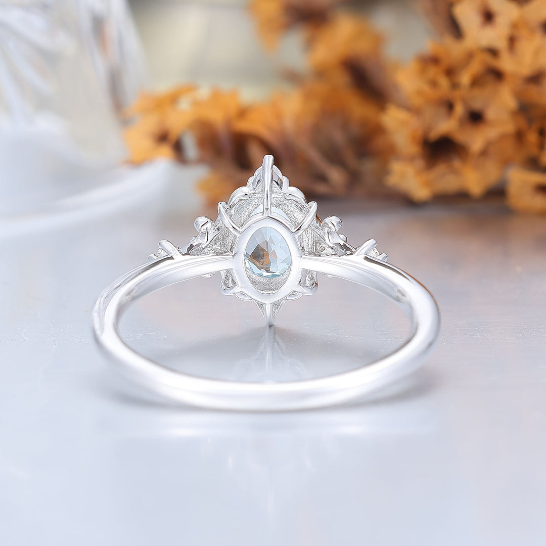 Antieke bloemmotief ovale geslepen aquamarijn verlovingsring 14K roségouden trouwring