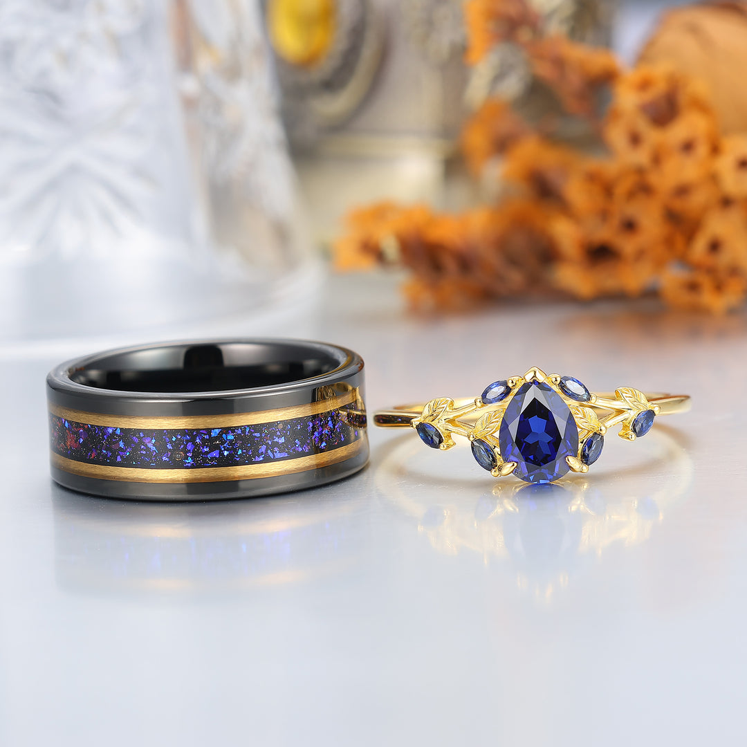 Stylish Leaf Sprig Sapphire Couple Rings Art Deco Matching Rings Set For Couples