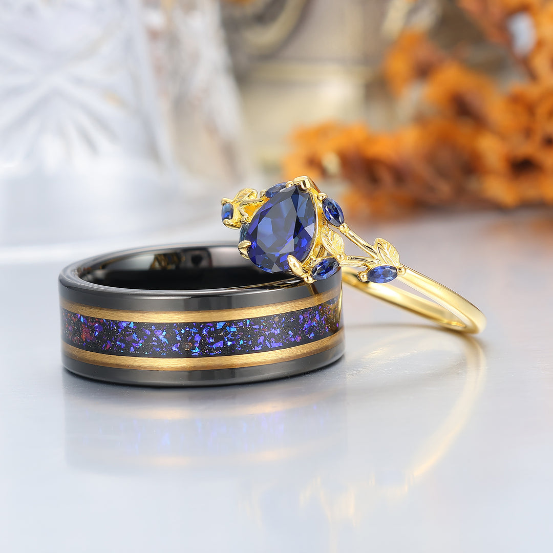 Stylish Leaf Sprig Sapphire Couple Rings Art Deco Matching Rings Set For Couples