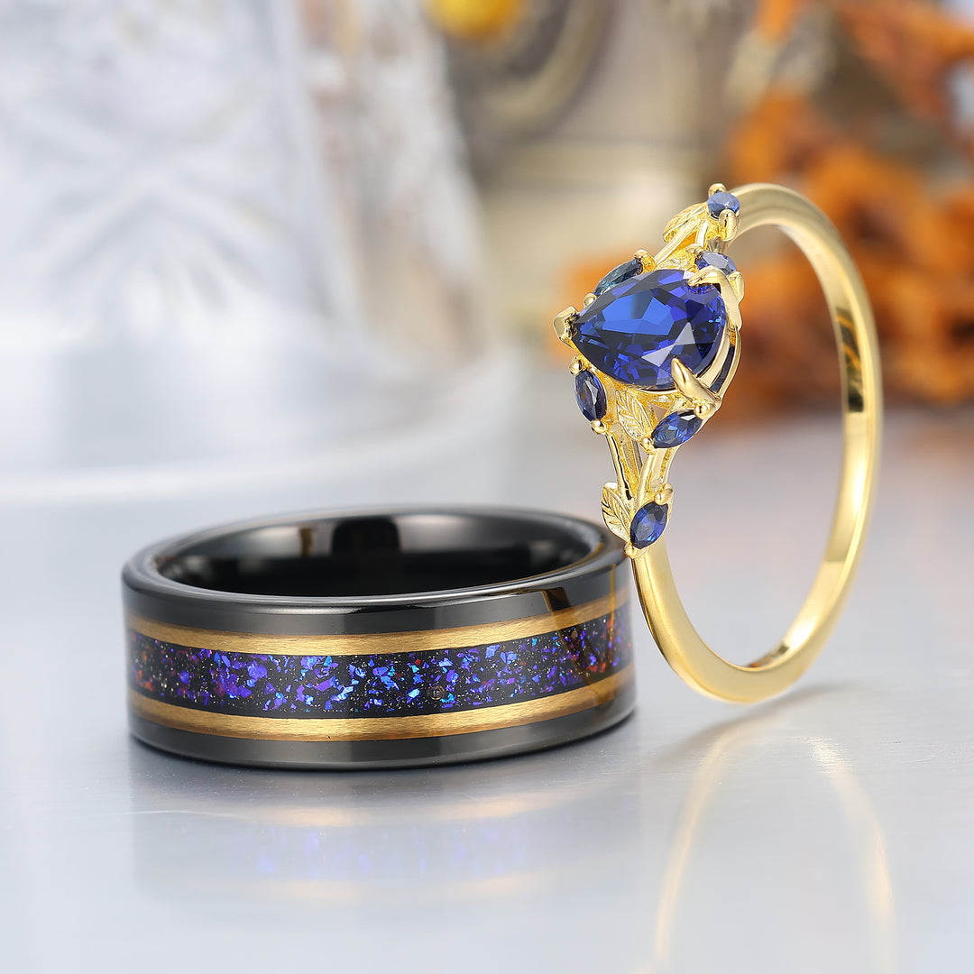 Stylish Leaf Sprig Sapphire Couple Rings Art Deco Matching Rings Set For Couples