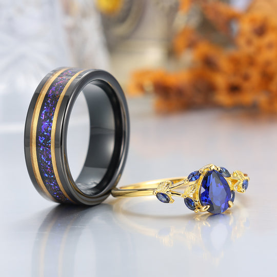 Stylish Leaf Sprig Sapphire Couple Rings Art Deco Matching Rings Set For Couples