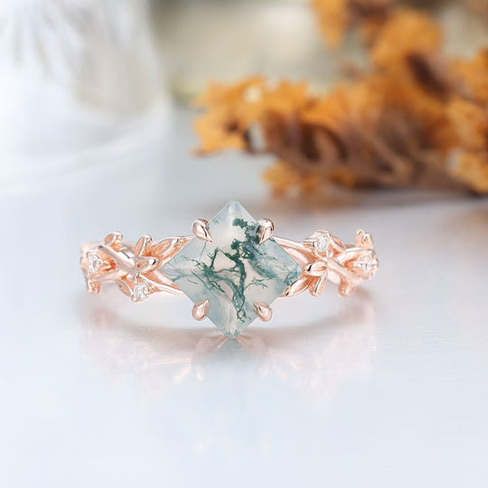 Bague de fiançailles en agate mousse naturelle taille princesse antique Bague de mariage anniversaire forme feuille