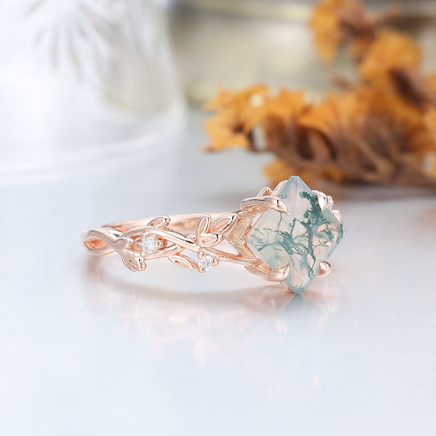 Anello di fidanzamento in agata muschio naturale taglio principessa d'epoca, forma a foglia, anello nuziale per anniversario