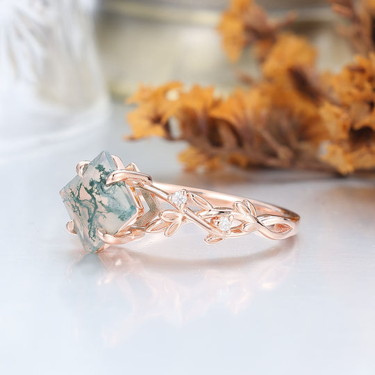 Bague de fiançailles en agate mousse naturelle taille princesse antique Bague de mariage anniversaire forme feuille
