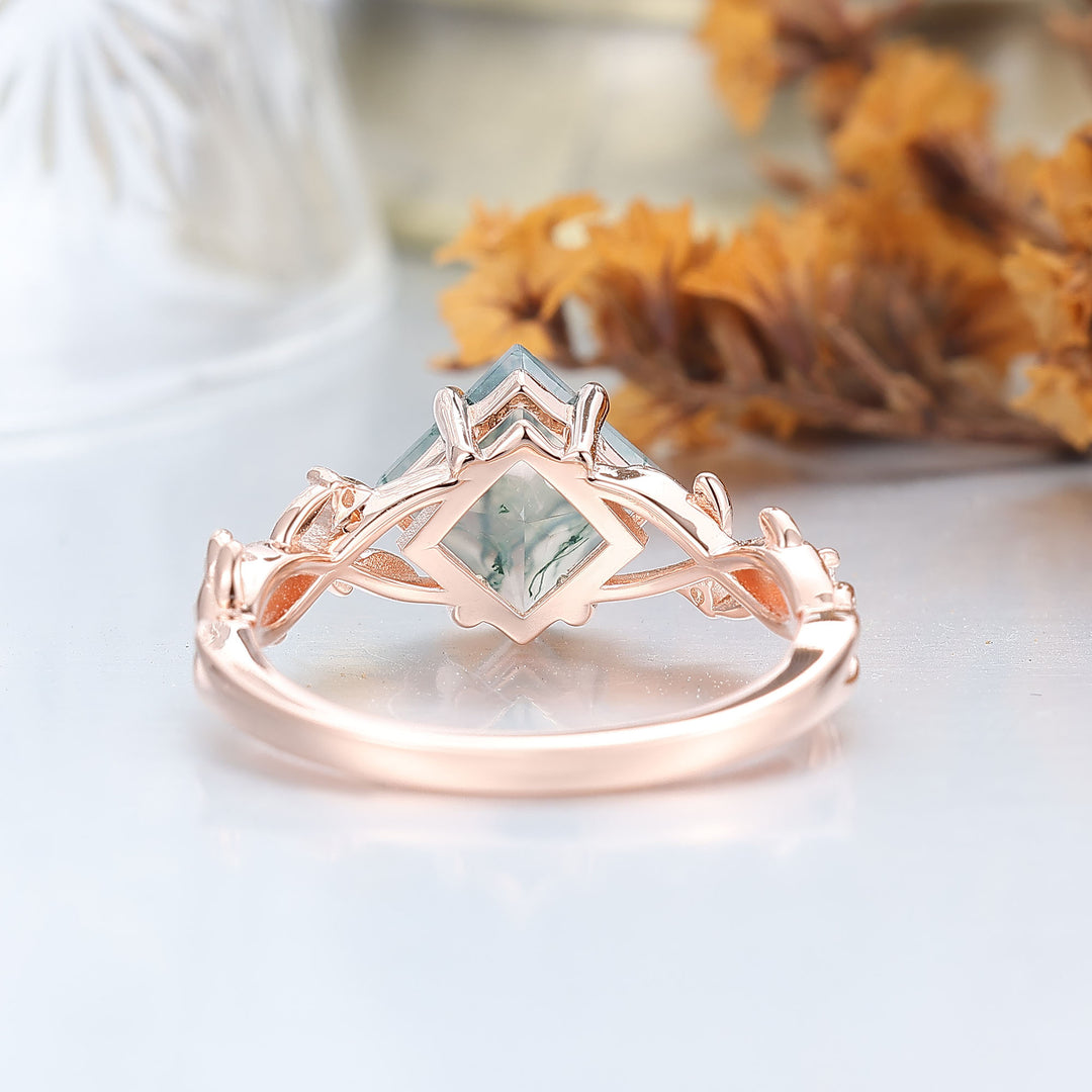 Bague de fiançailles en agate mousse naturelle taille princesse antique Bague de mariage anniversaire forme feuille