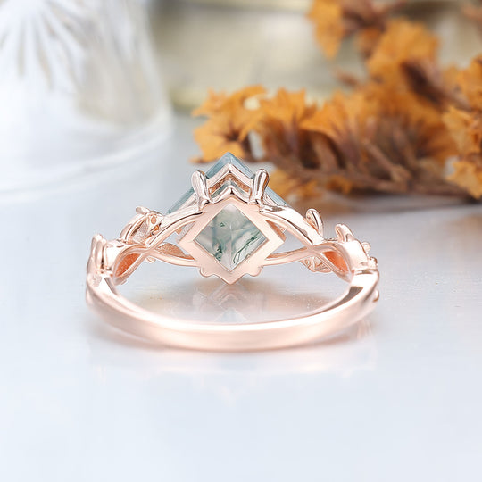 Bague de fiançailles en agate mousse naturelle taille princesse antique Bague de mariage anniversaire forme feuille