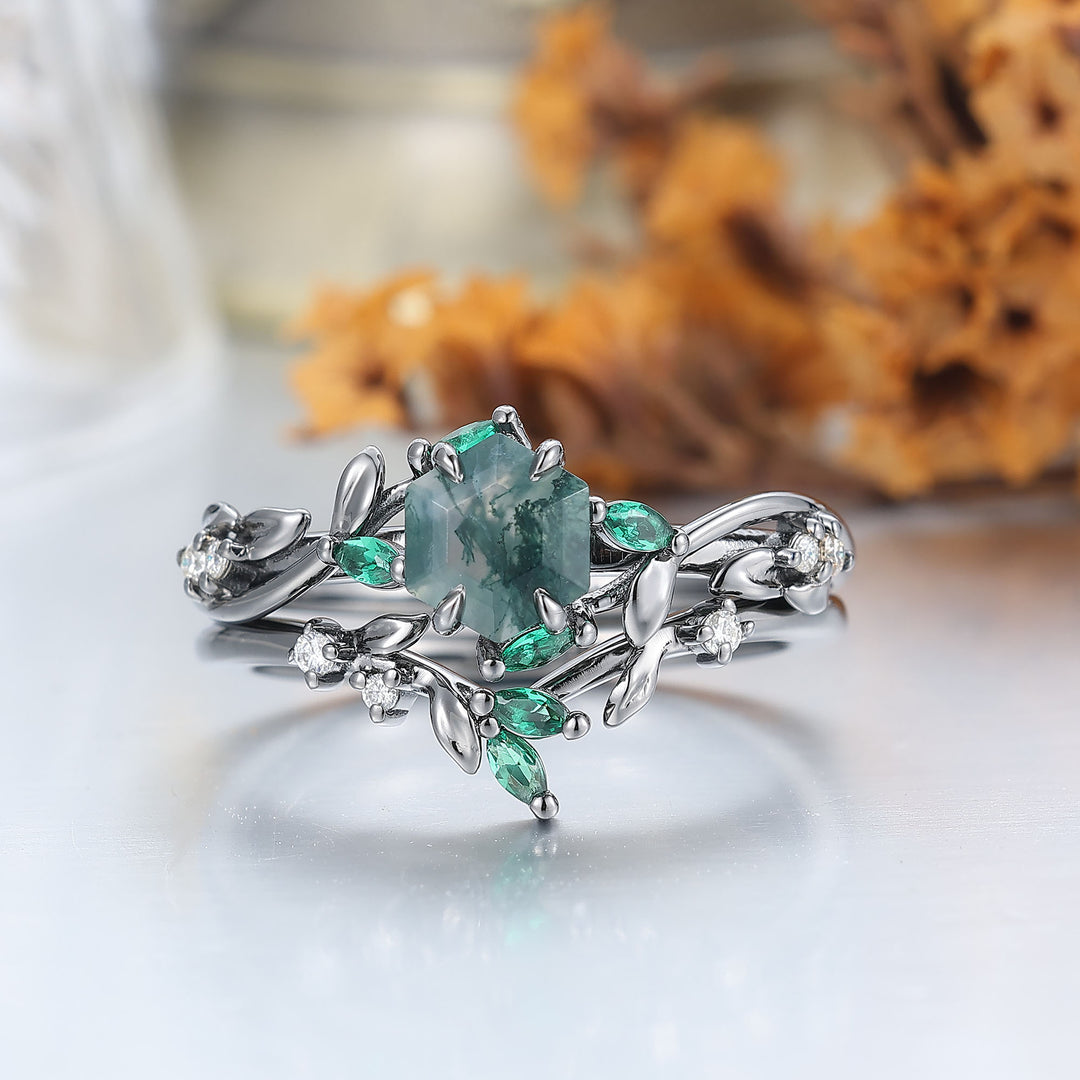 Leaf Sprig Moss Agate Engagement Ring Set Natural Inspired Bridal Ring Set