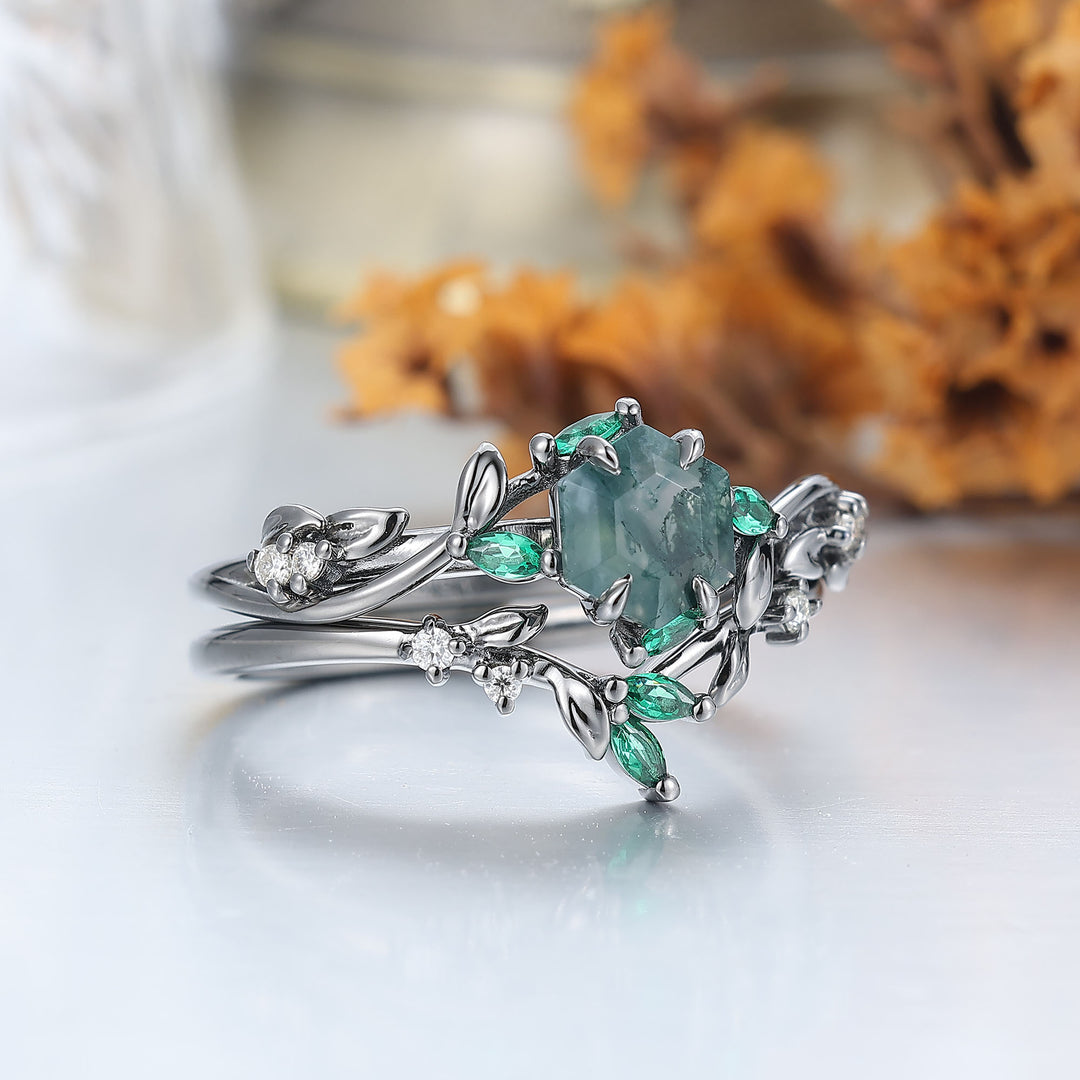 Leaf Sprig Moss Agate Engagement Ring Set Natural Inspired Bridal Ring Set