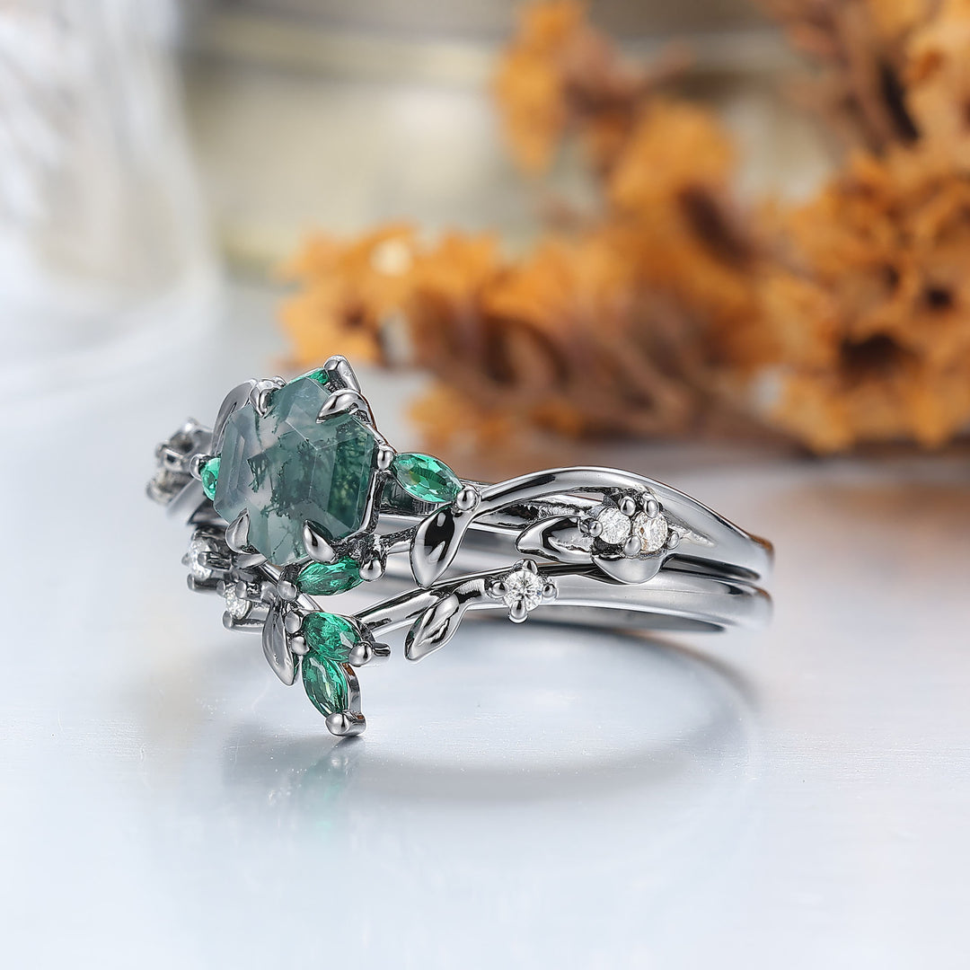 Leaf Sprig Moss Agate Engagement Ring Set Natural Inspired Bridal Ring Set