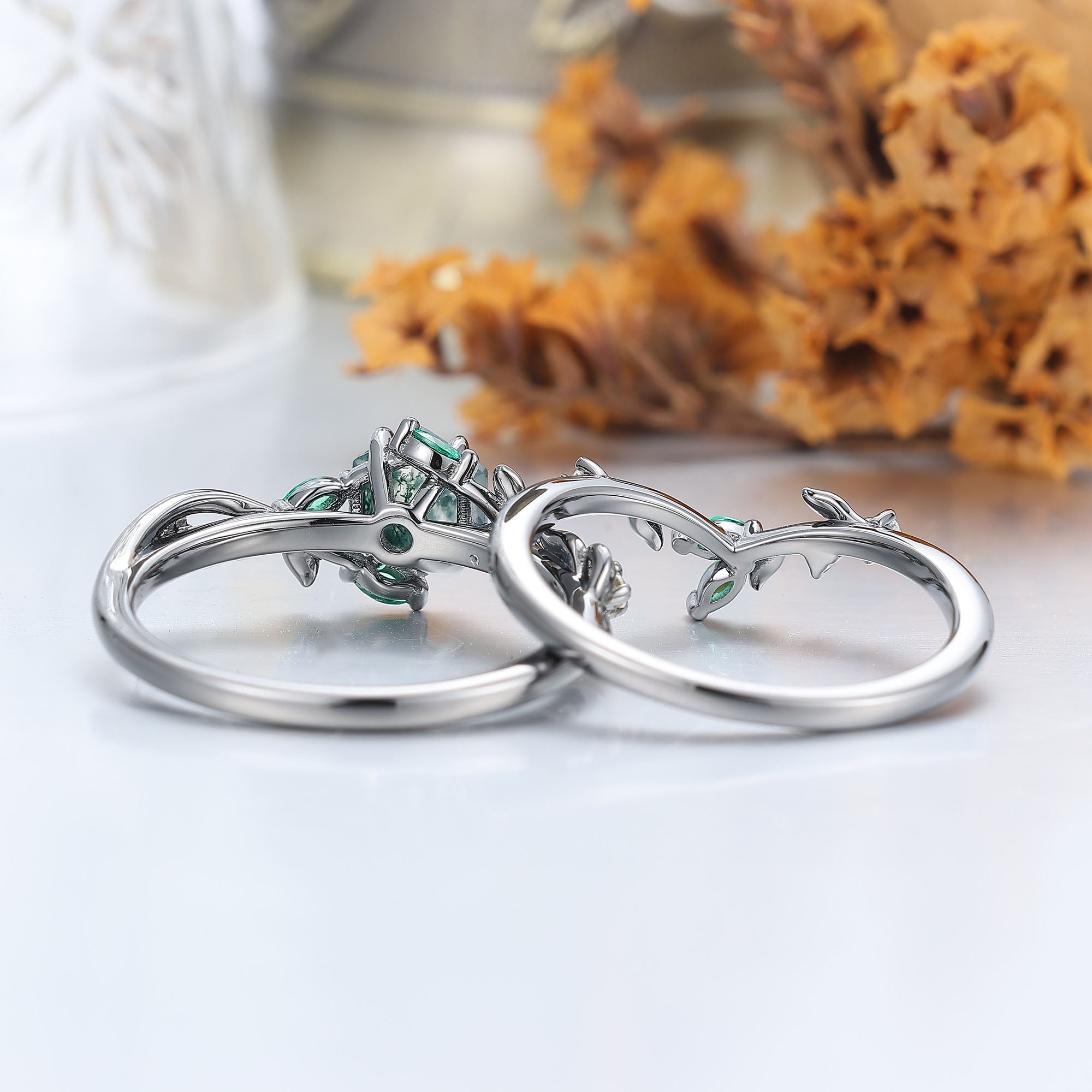 Leaf Sprig Moss Agate Engagement Ring Set Natural Inspired Bridal
