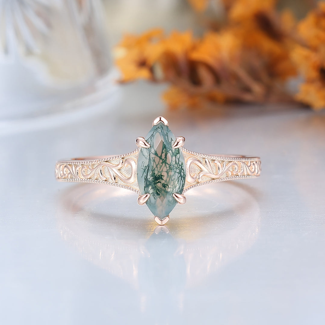 14K Vintage Marquise Solitaire Yellow Gold Natural Moss Agate Engagement Ring Filigree Wedding Ring -  Esdomera.com