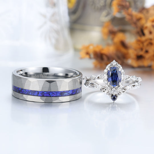 Barockinspiriertes, filigran gearbeitetes Paar-Ring-Set mit Saphir, blau – passende Ringe für Sie und Ihn