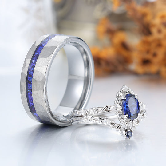 Barockinspiriertes, filigran gearbeitetes Paar-Ring-Set mit Saphir, blau – passende Ringe für Sie und Ihn