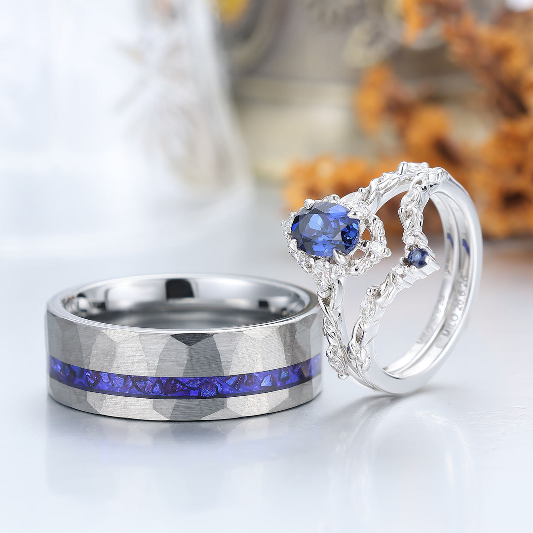 Barockinspiriertes, filigran gearbeitetes Paar-Ring-Set mit Saphir, blau – passende Ringe für Sie und Ihn