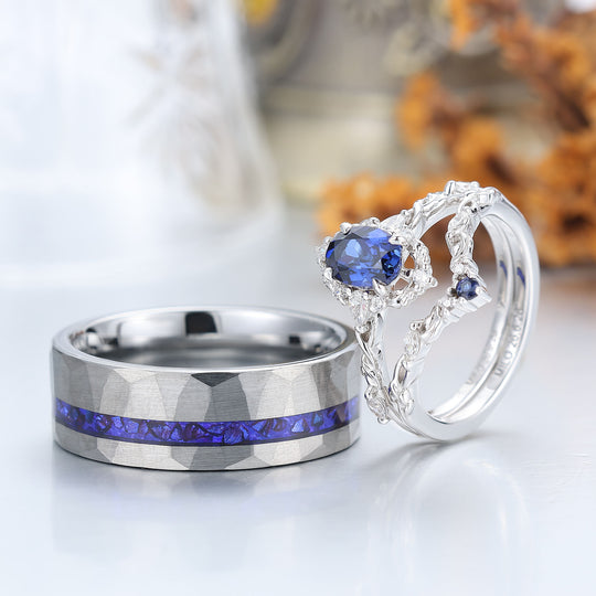 Barockinspiriertes, filigran gearbeitetes Paar-Ring-Set mit Saphir, blau – passende Ringe für Sie und Ihn