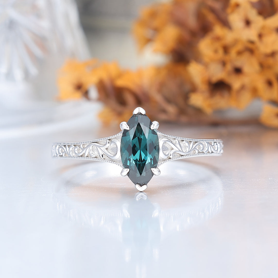 Anillo de compromiso antiguo estilo solitario con zafiro verdeazulado (teal), filigrana, talla marquesa, zafiro azul verdoso, anillo de boda