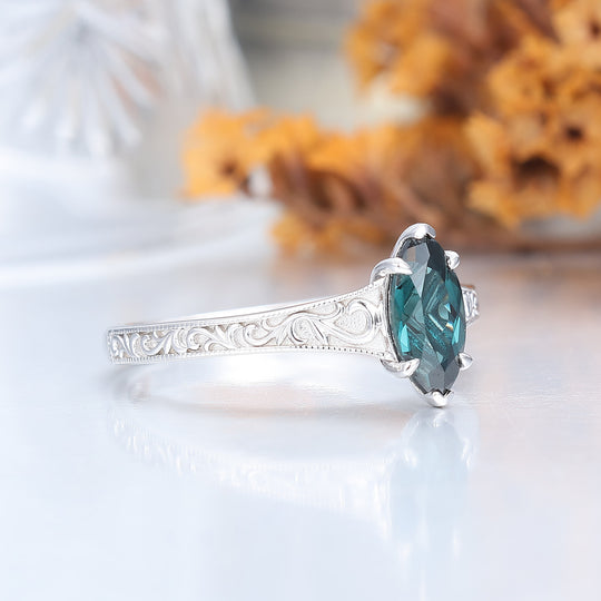 Anillo de compromiso antiguo estilo solitario con zafiro verdeazulado (teal), filigrana, talla marquesa, zafiro azul verdoso, anillo de boda