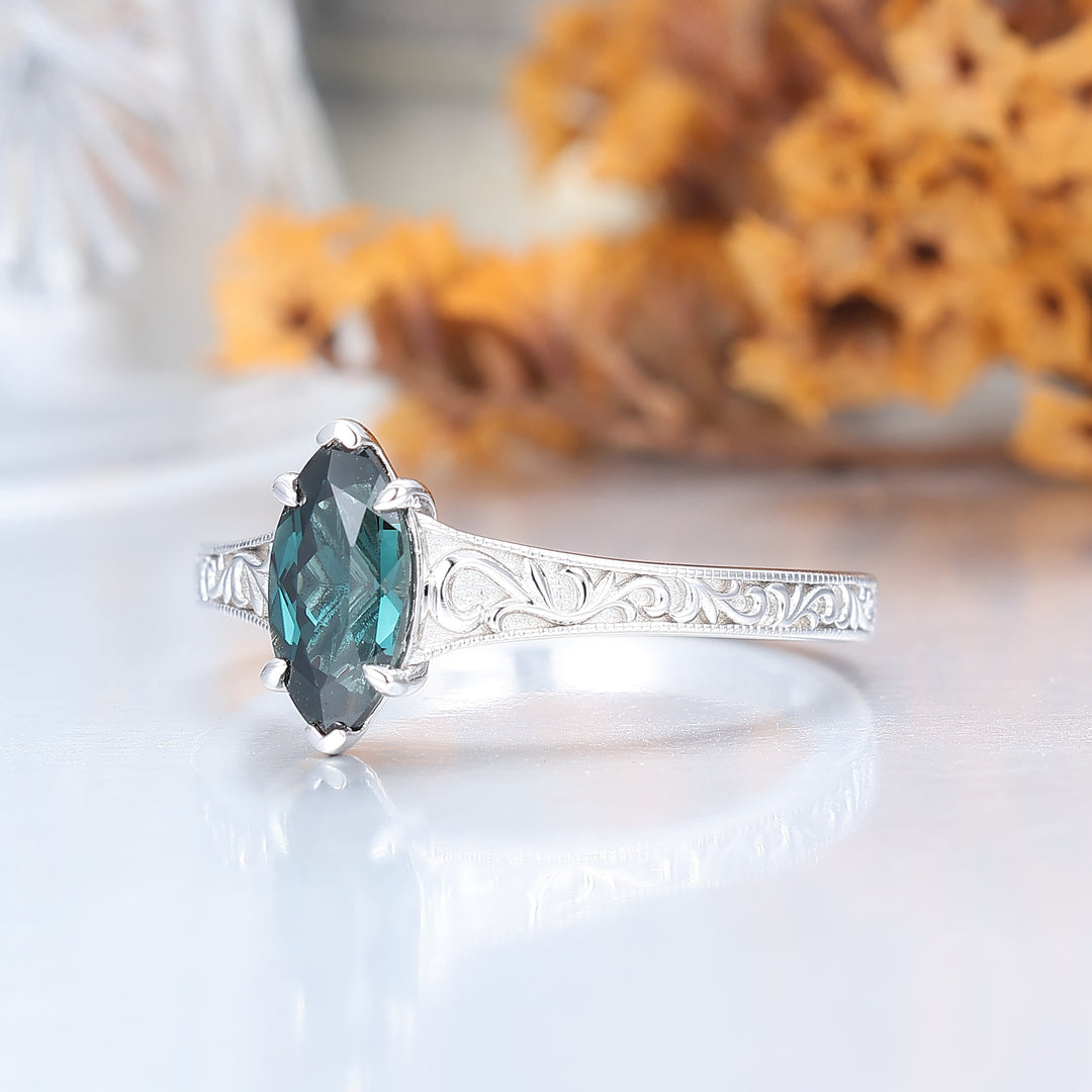 Anillo de compromiso antiguo estilo solitario con zafiro verdeazulado (teal), filigrana, talla marquesa, zafiro azul verdoso, anillo de boda