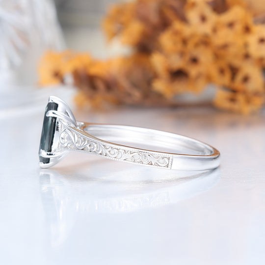 Anillo de compromiso antiguo estilo solitario con zafiro verdeazulado (teal), filigrana, talla marquesa, zafiro azul verdoso, anillo de boda