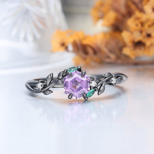 Band met tarwepatroon natuurlijke amethist verlovingsringen voor stellen 925 sterling zilver en zwarte wolfraam bijpassende ringen