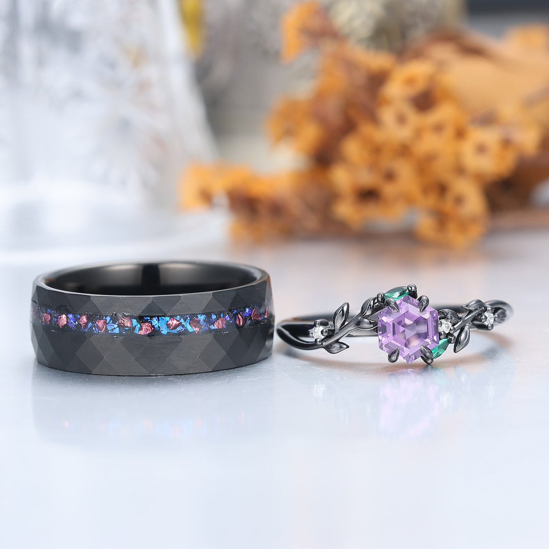 Band met tarwepatroon natuurlijke amethist verlovingsringen voor stellen 925 sterling zilver en zwarte wolfraam bijpassende ringen