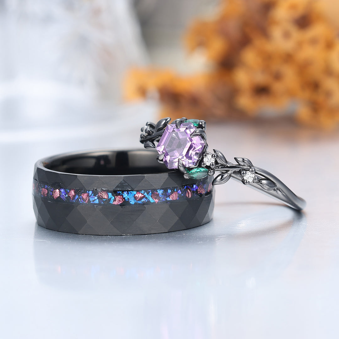 Band met tarwepatroon natuurlijke amethist verlovingsringen voor stellen 925 sterling zilver en zwarte wolfraam bijpassende ringen